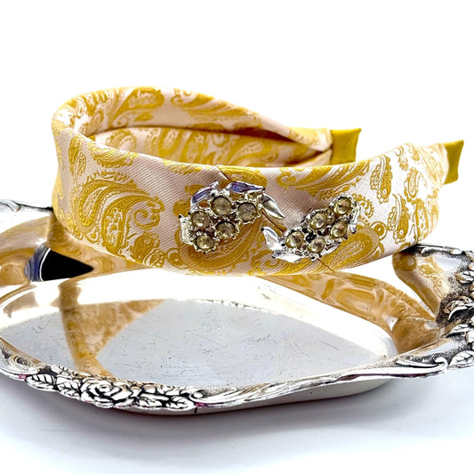 Gold brocade Belle Princess Headband Handmade from Tie Vintage Rhinestones